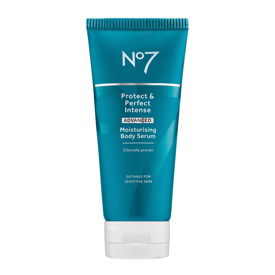 No7 Protect & Perfect Intense Advanced Body Serum bottle demonstrates hydrating anti-aging care.