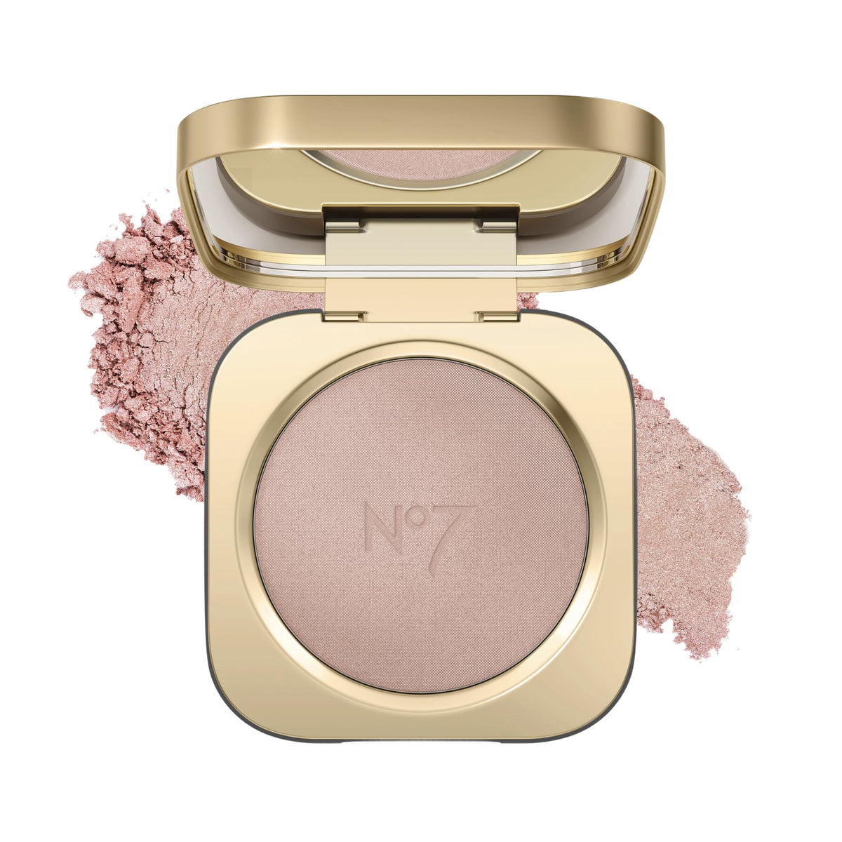 No7 Radiant Glow Highlighter compact close-up shows silky, lightweight powder for a dewy finish.