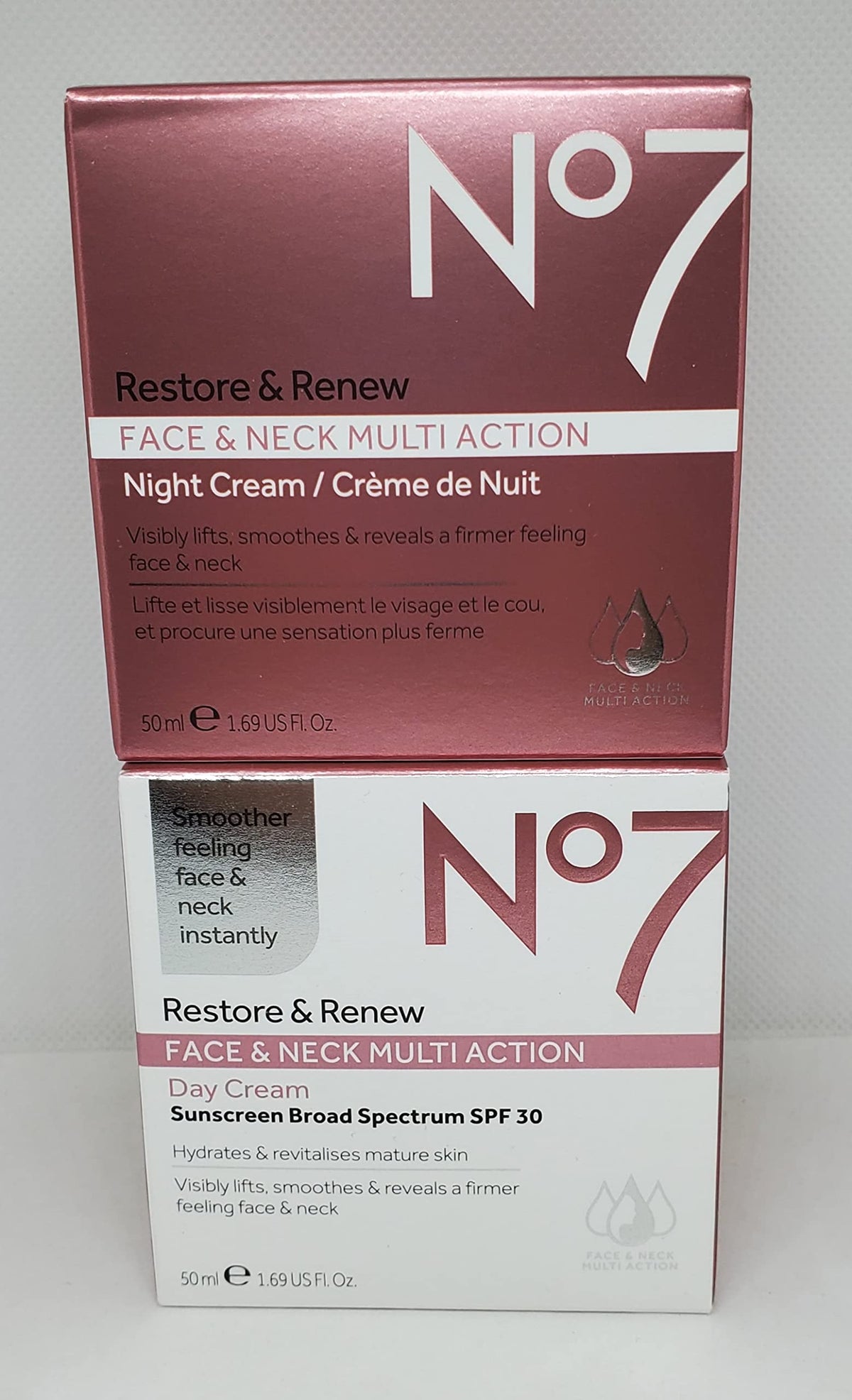 No7 Restore & Renew face and neck cream application showing smoothing texture for radiant skin.