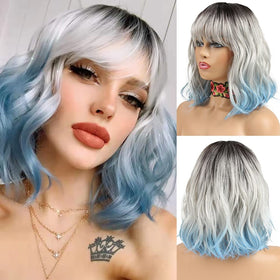 NOBLE blue wig with bangs 12in for daily wear and effortless styling