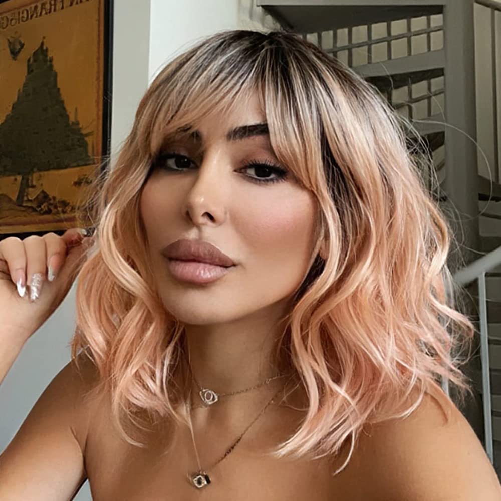 NOBLE pink-orange wig with bangs for daily wear and cosplay versatility.