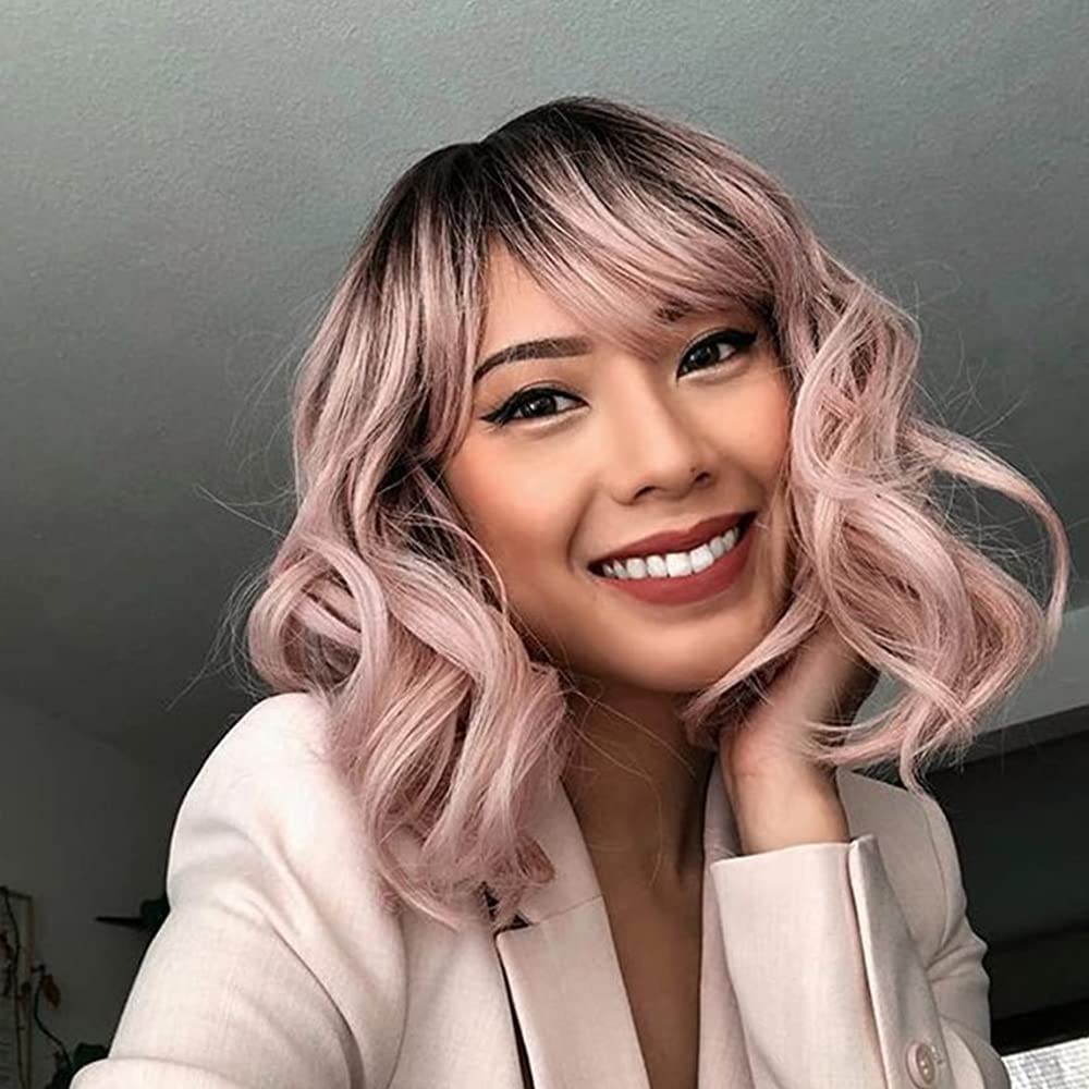NOBLE pink wig with bangs, ombre color, ideal for daily wear and events