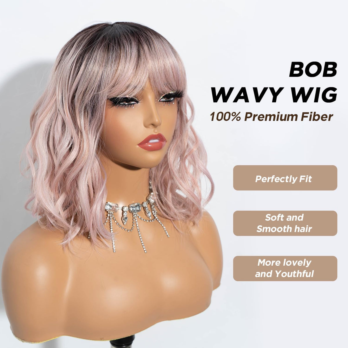 NOBLE short wavy bob pink wig with bangs for versatile casual or party looks