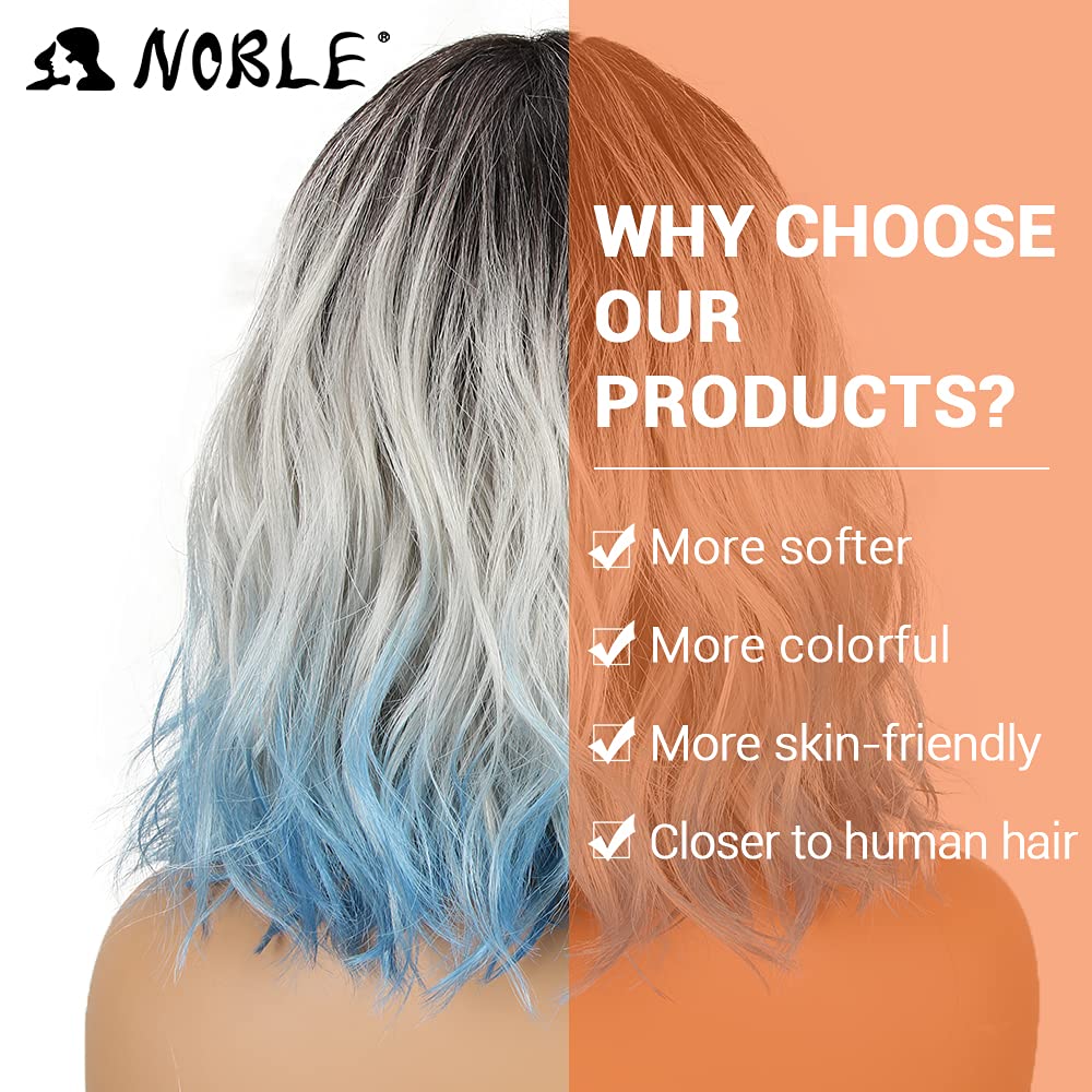 NOBLE silver blue wig with bangs featuring a glueless cap for comfort