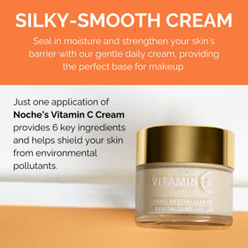 Noche Y Dia Vitamin C Face Cream on nightstand suggests nightly hydration ritual.