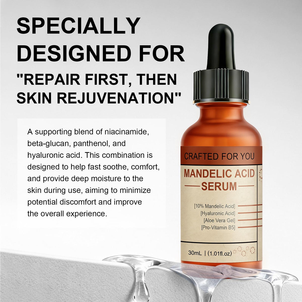 Nodfens Mandelic Serum texture closeup shows quick absorption into skin.