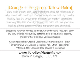 Noelle's Naturals balm highlights organic grass-fed tallow ingredients for natural moisture.
