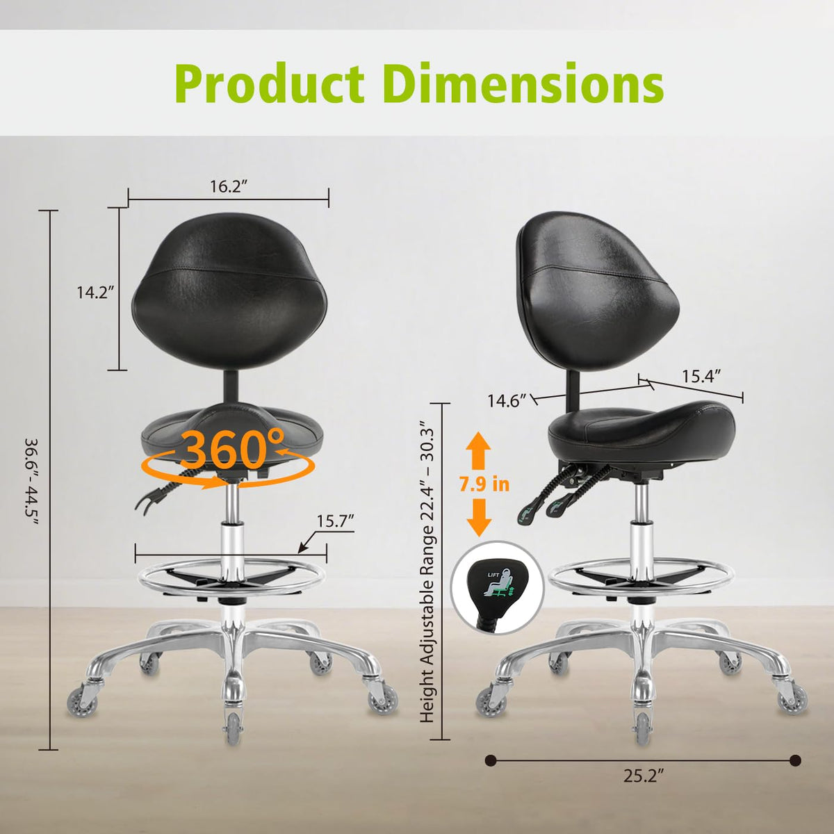 Nolasalon saddle-stool provides 360-degree rotation for easy tool access.