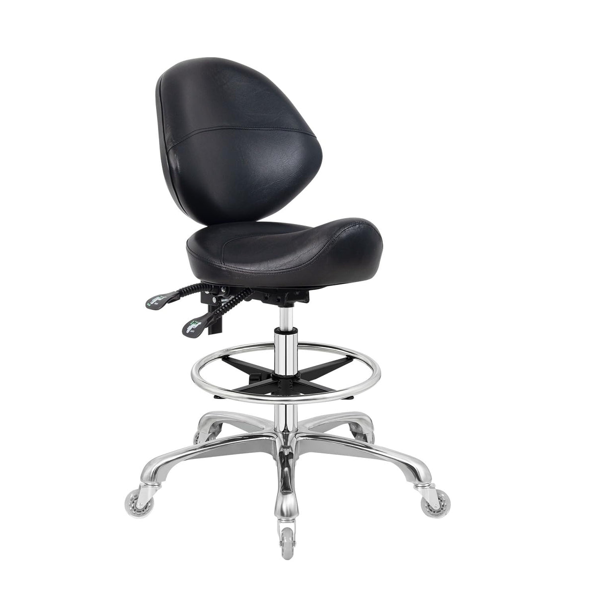 Nolasalon saddle-stool chair with wheels offers smooth, quiet mobility.