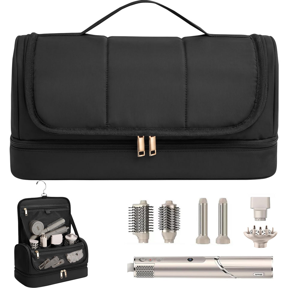 Noldena hanging hair tool organizer with Dyson Airwrap for on-the-go styling.