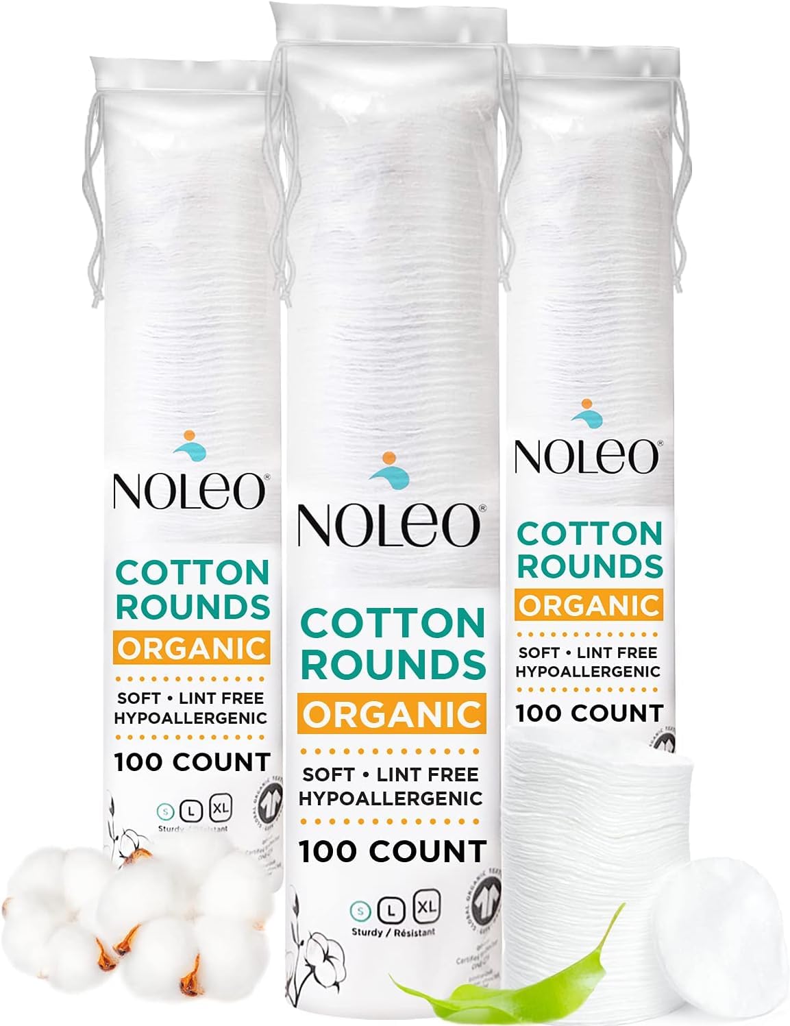 Noleo Organic Cotton Rounds packaging shown for daily skincare.