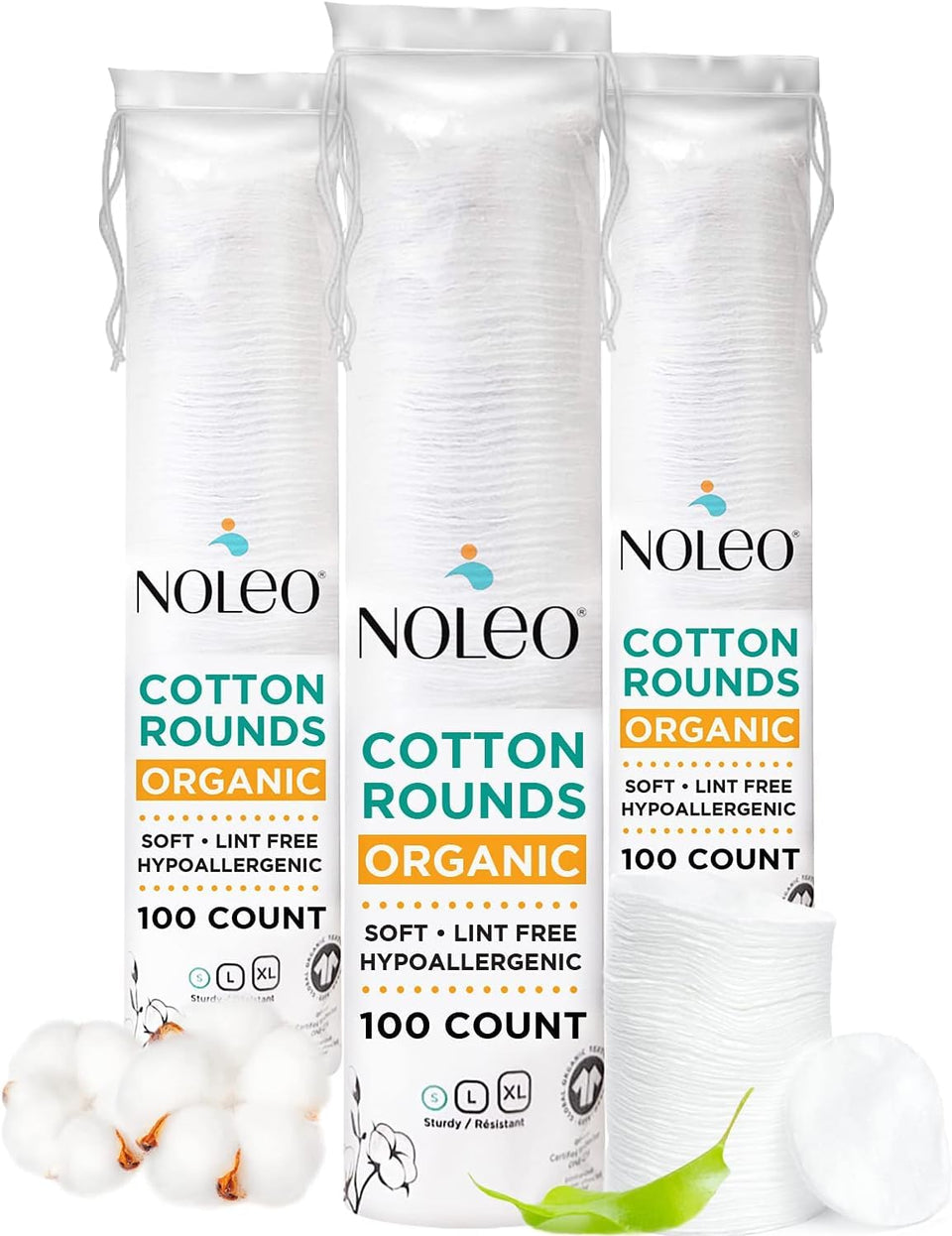 Noleo Organic Cotton Rounds packaging shown for daily skincare.