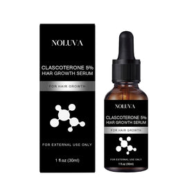 NOLUVA Clascoterone 5% serum bottle pour may support hair growth.