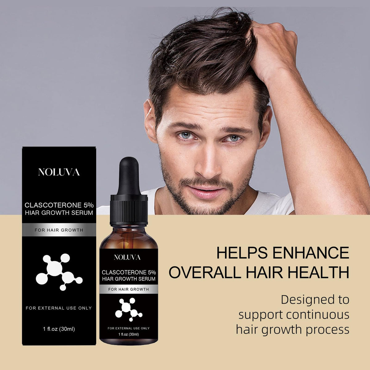 NOLUVA Clascoterone 5% serum dropper application for precise scalp dosing.