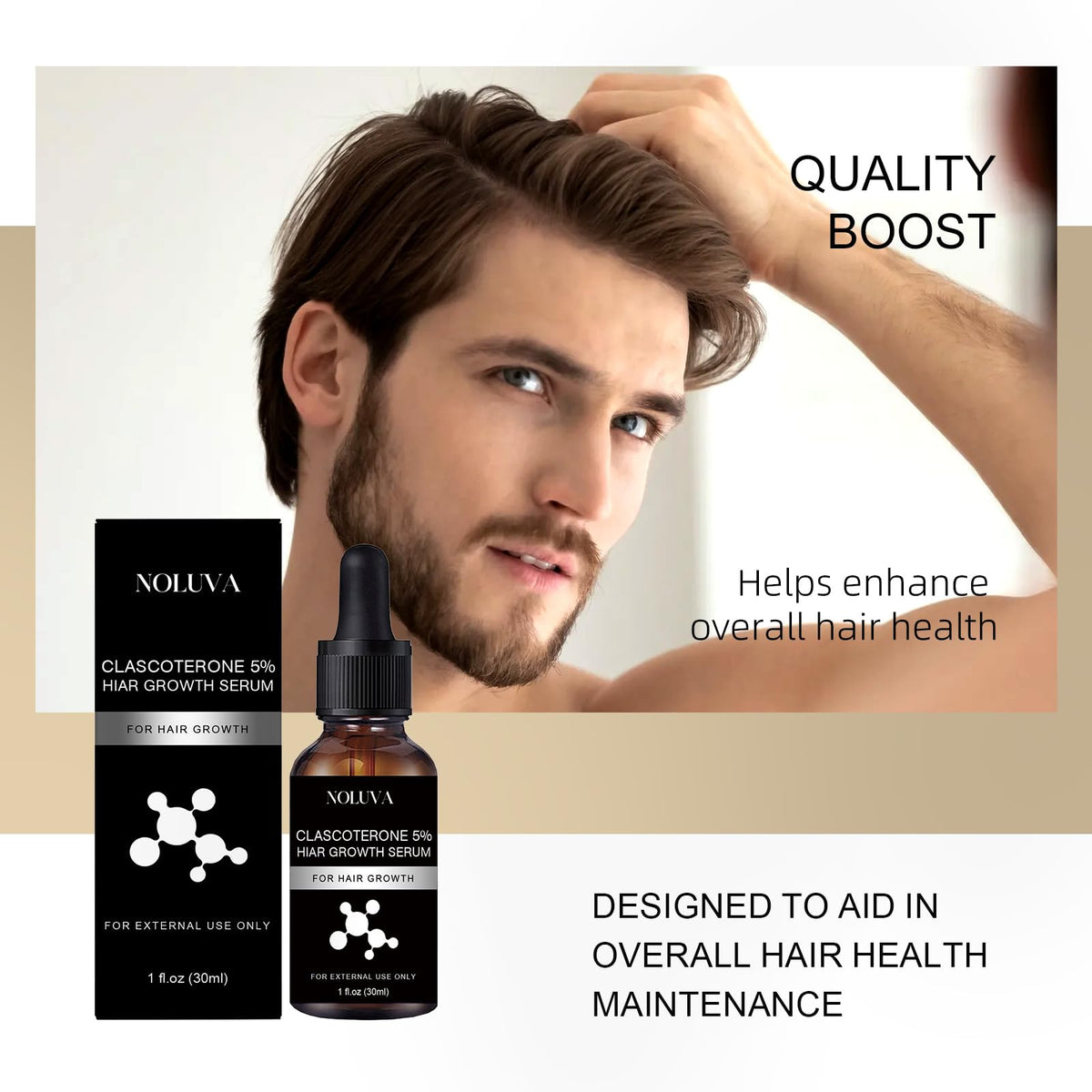 NOLUVA Vitamin D Minoxidil Biotin ingredients graphic highlighting synergistic actives.