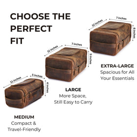 NomadCraftsCo extra-large leather toiletry bag brass hook for hanging in hotel bathrooms.