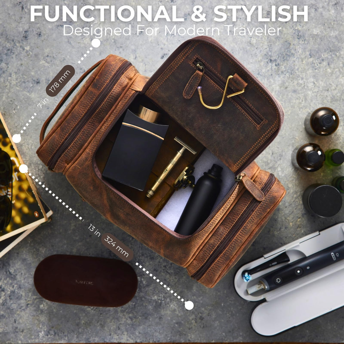 NomadCraftsCo extra-large leather toiletry bag durable leather texture and premium look.