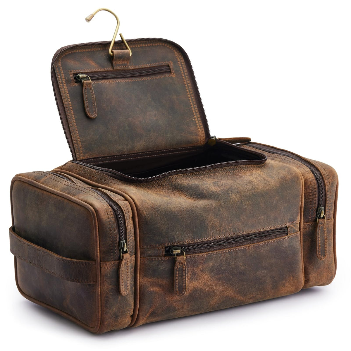 NomadCraftsCo extra-large leather toiletry bag front view, durable travel companion with organized storage.