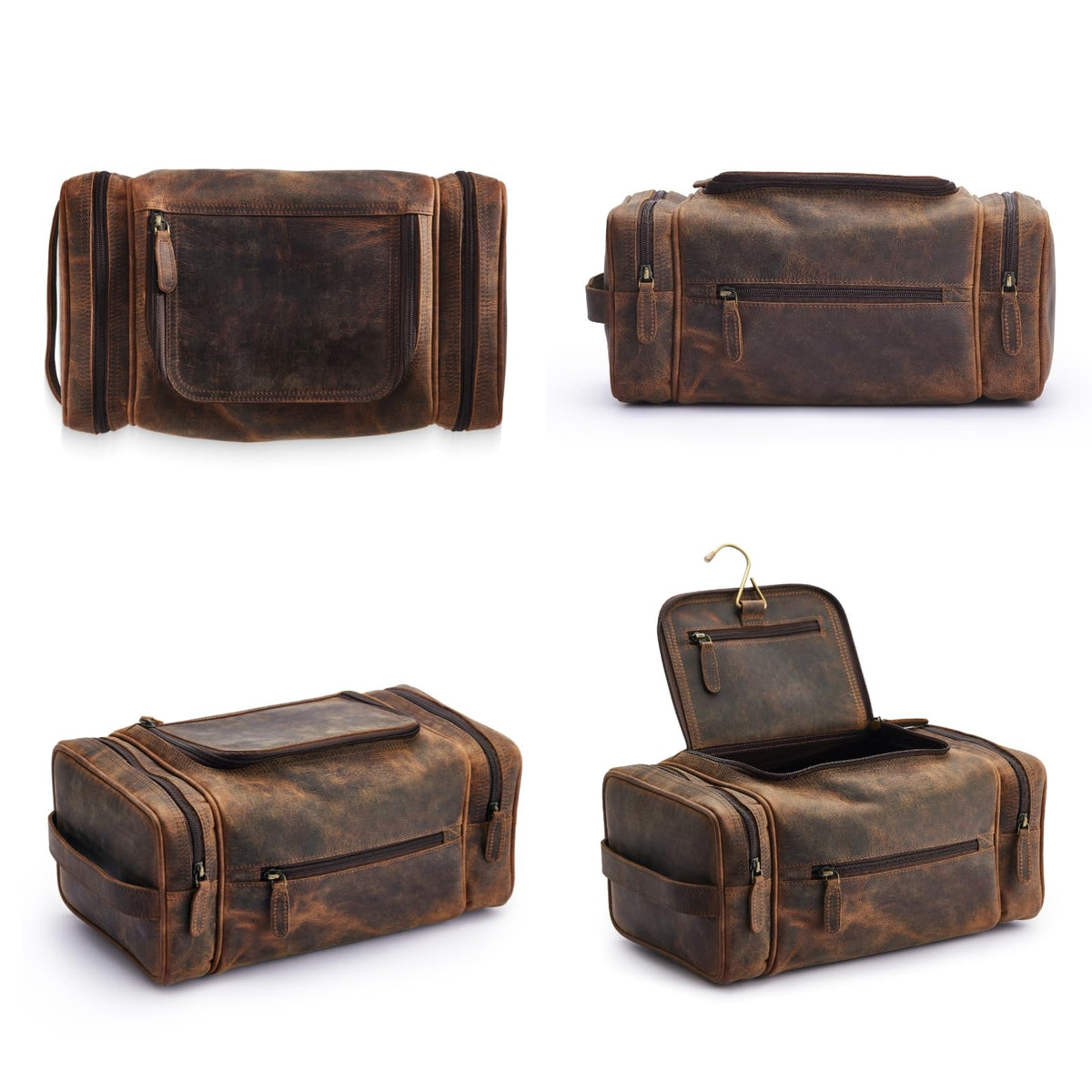 NomadCraftsCo extra-large leather toiletry bag side view, sturdy handle visible.