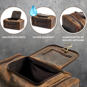 NomadCraftsCo extra-large leather toiletry bag waterproof lining protects contents on trips.