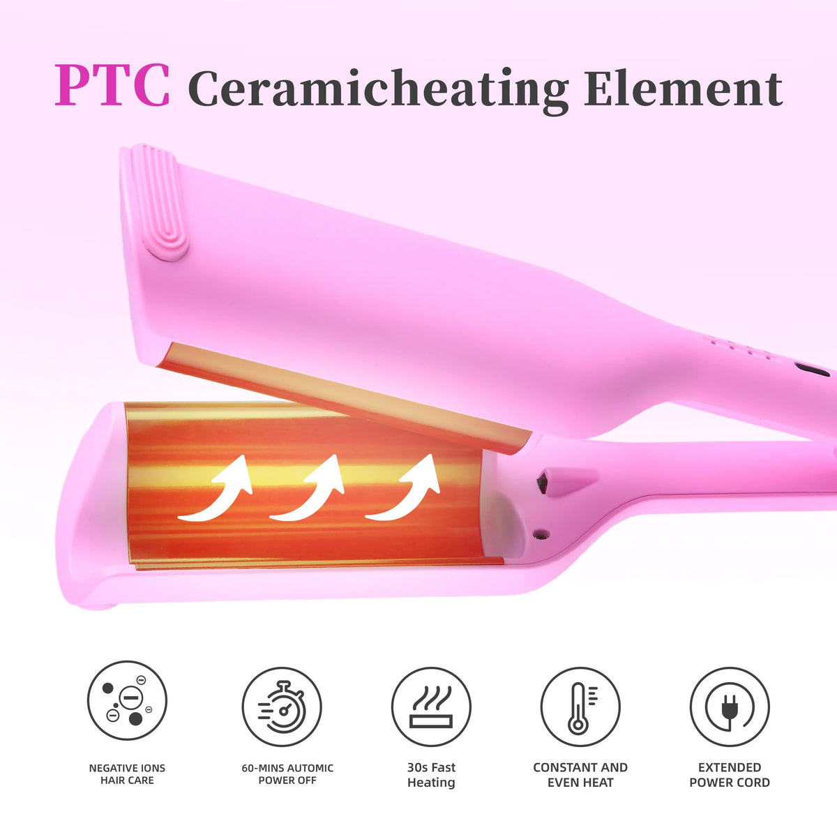 NONK Power Curling Iron pink ceramic barrel with heat settings shown
