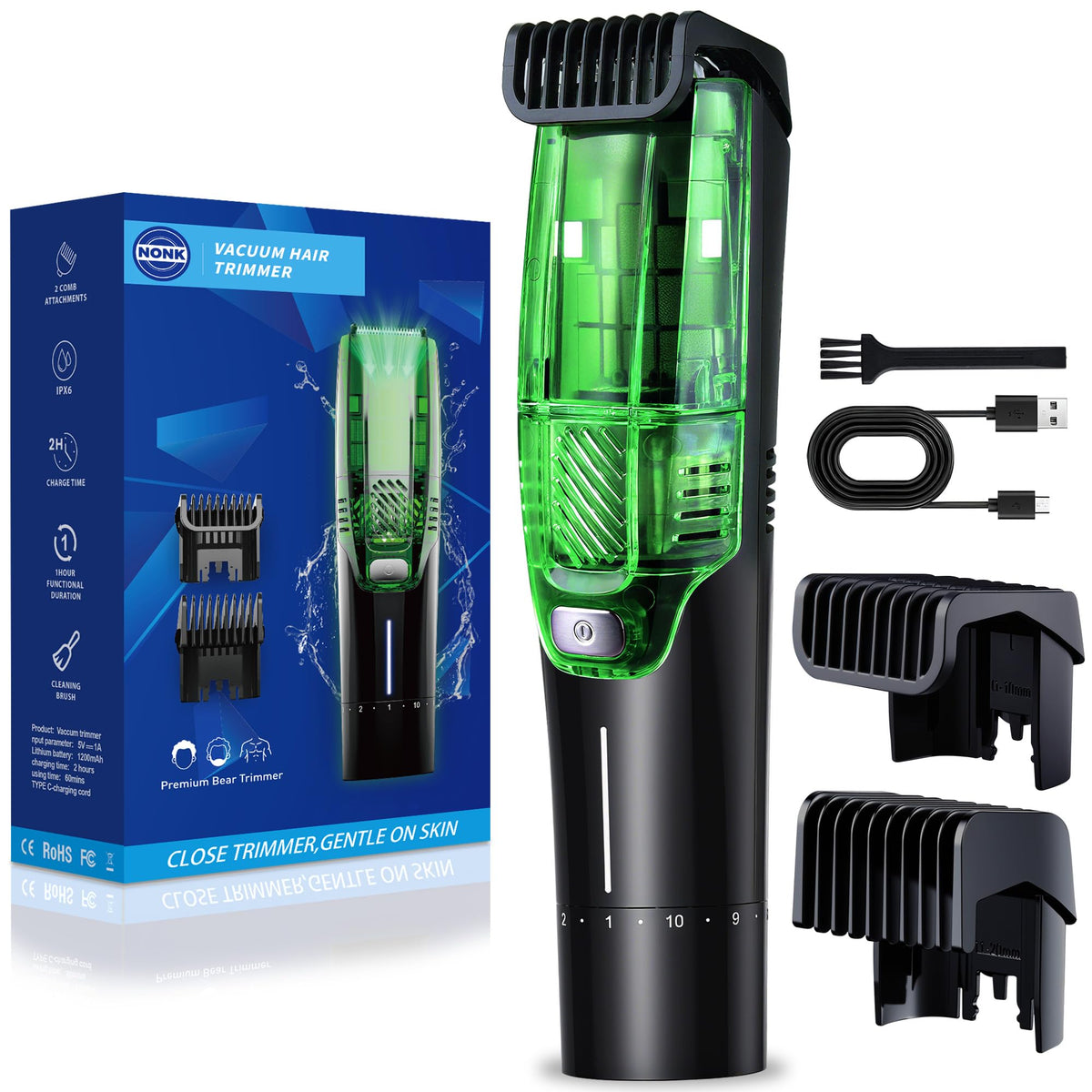 NONK Vacuum Hair Clipper full kit captures hair as you cut for mess-free grooming.