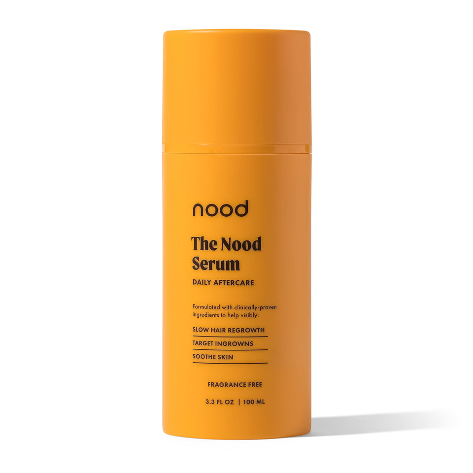 Nood Serum bottle pour demonstrates sleek packaging for post-shave use