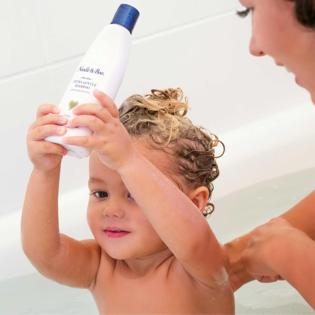Noodle & Boo Extra Gentle Shampoo tear-free lather close-up for sensitive scalps.