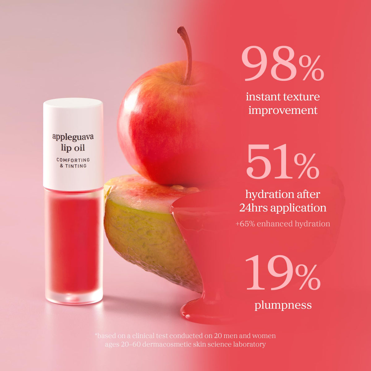NOONI Appleguava lip oil tint showcases vibrant, water-resistant color.
