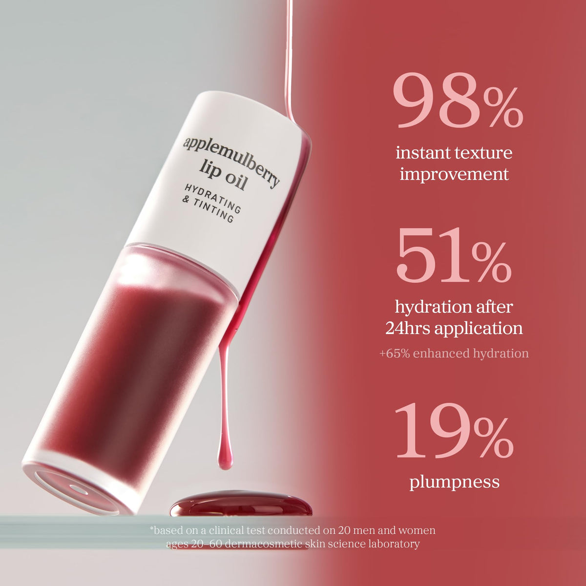 NOONI Applemulberry lip oil close-up with long-lasting shine.