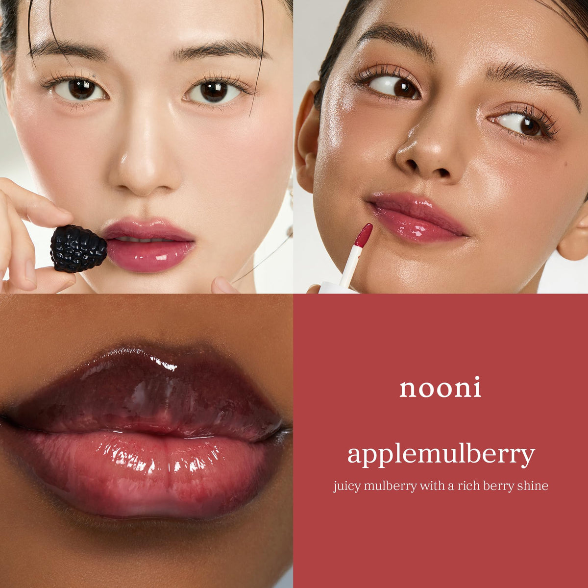 NOONI Applemulberry lip oil applied on lips for glossy tint.
