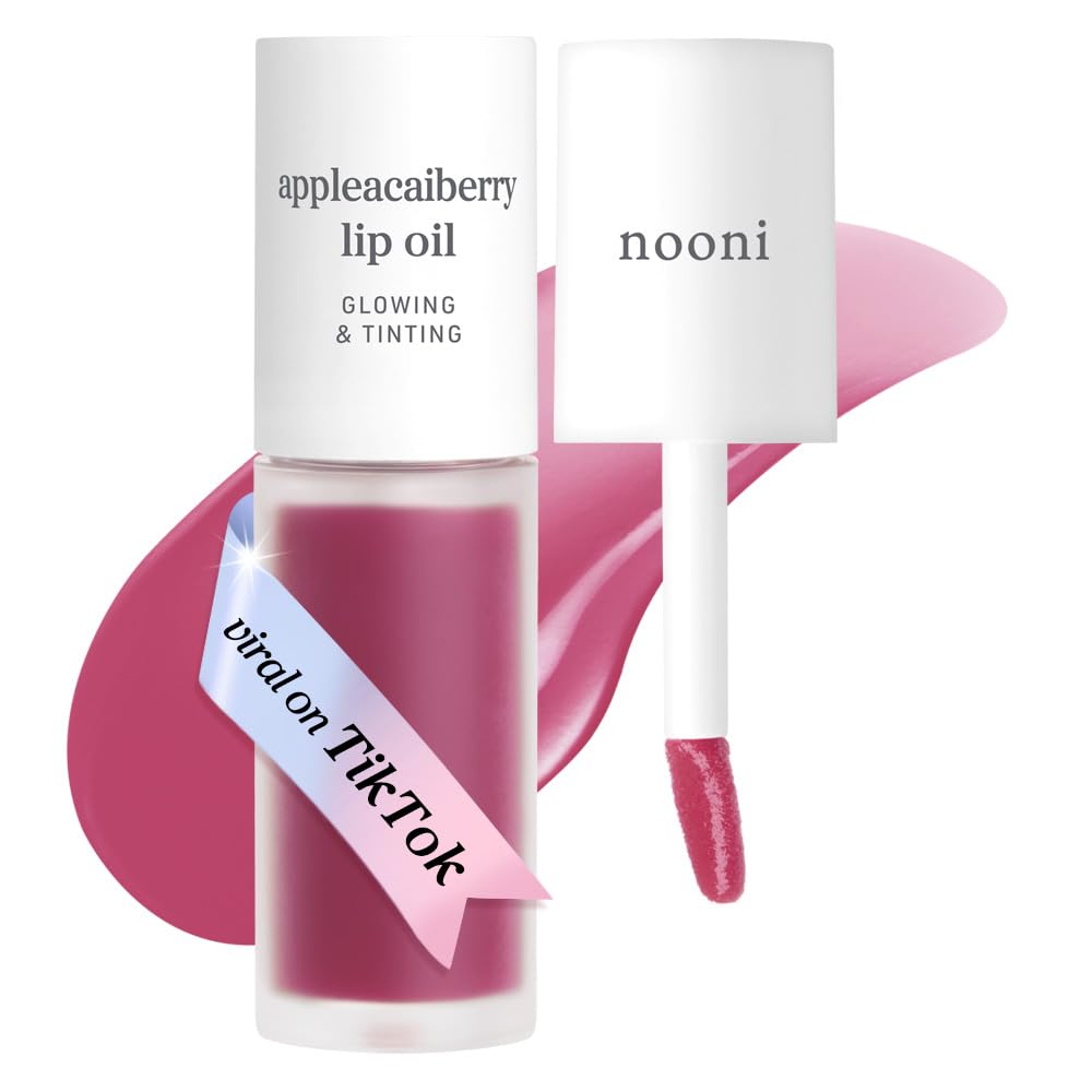 Nooni Lip Oil Appleacaiberry bottle delivers lasting hydration with a subtle tint.