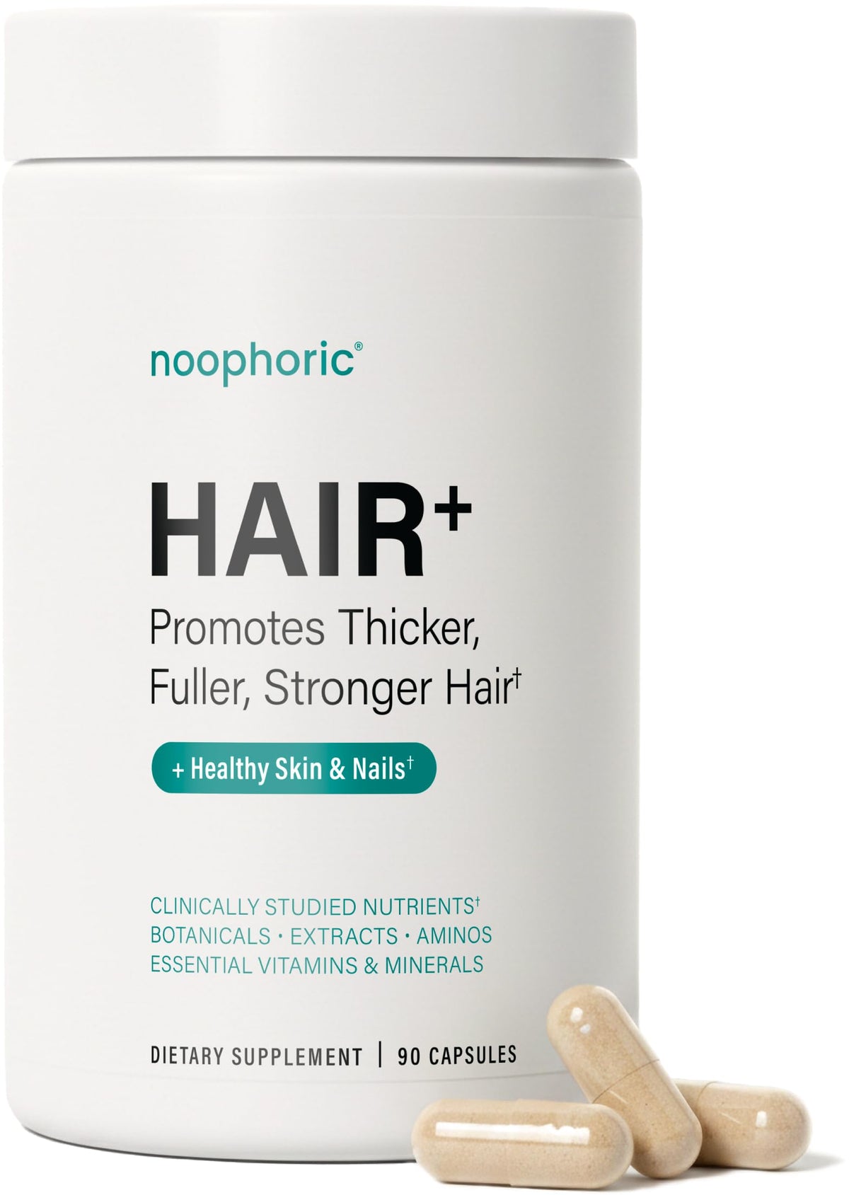 Noophoric hair growth vitamins bottle showing label for healthier-looking hair.
