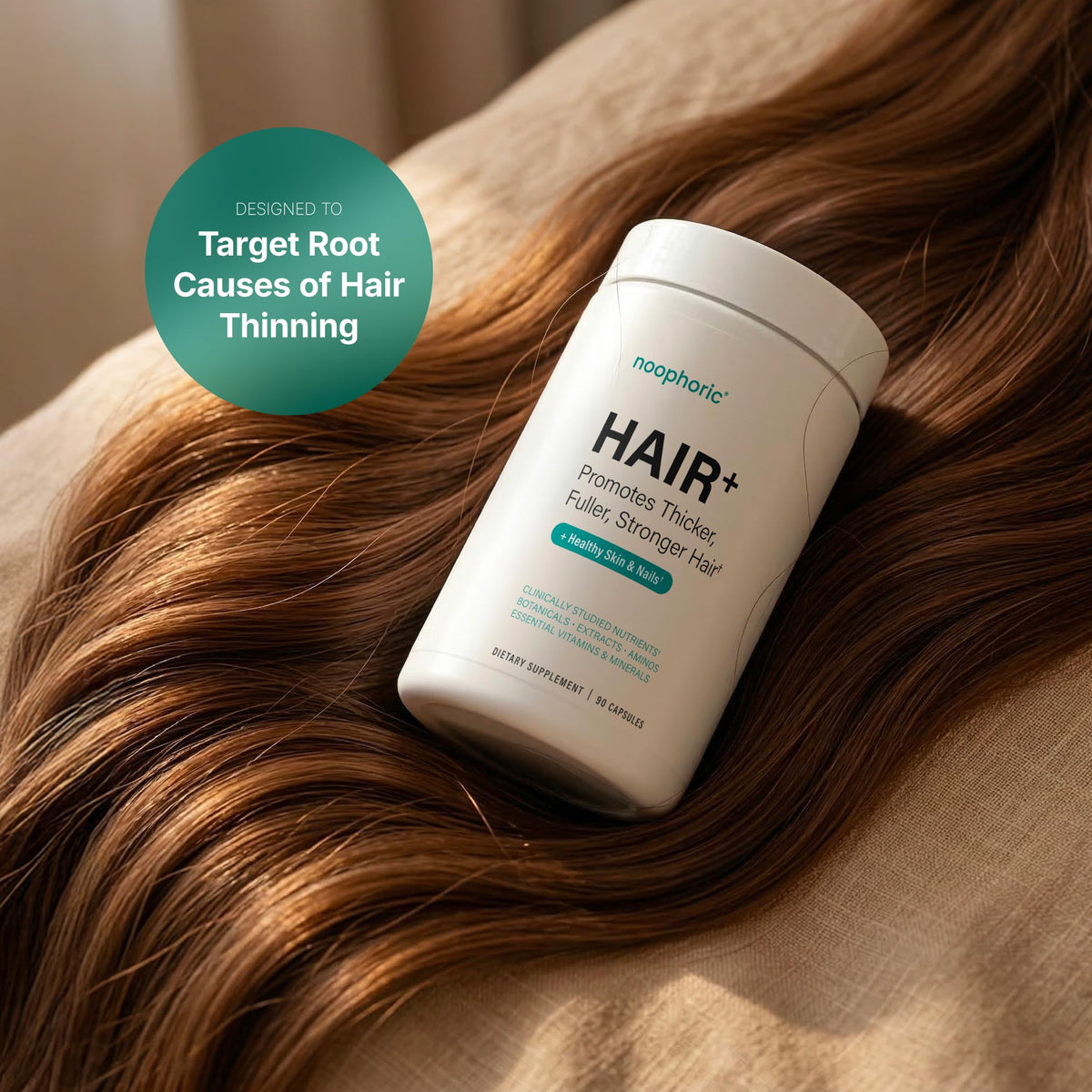 Noophoric ingredients label highlights biotin zinc saw palmetto for hair support.