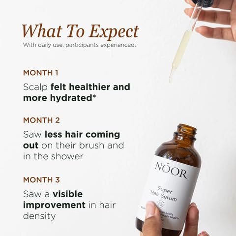 NOOR HAIR application scene shows user applying drops for scalp coverage