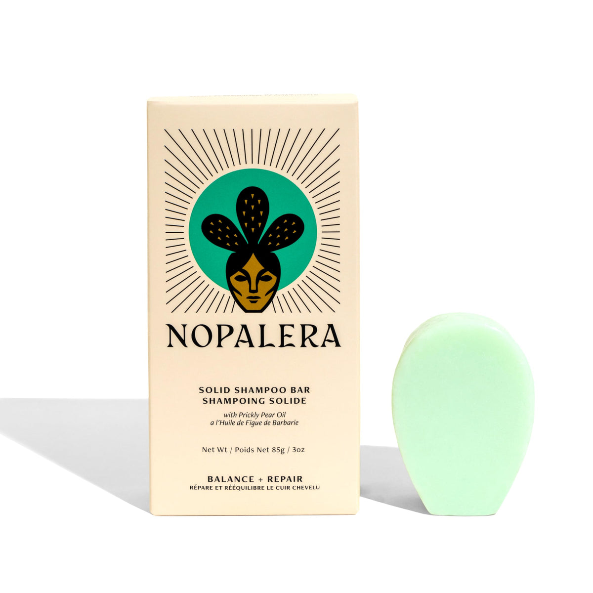 Nopalera Balance Shampoo Bar packaging shows eco-friendly design and travel readiness.