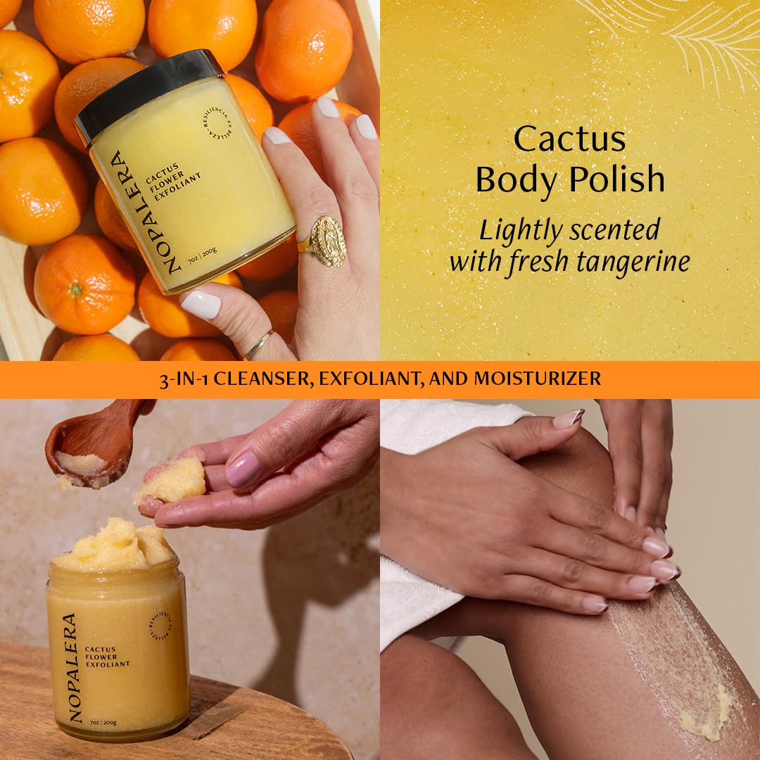 Close-up texture shows gentle scrub from Nopalera Mandarina Exfoliant