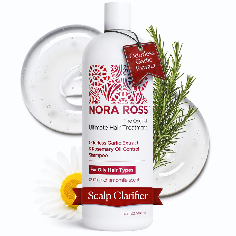Nora Ross Garlic Extract & Rosemary Shampoo bottle highlights clarifying scalp care