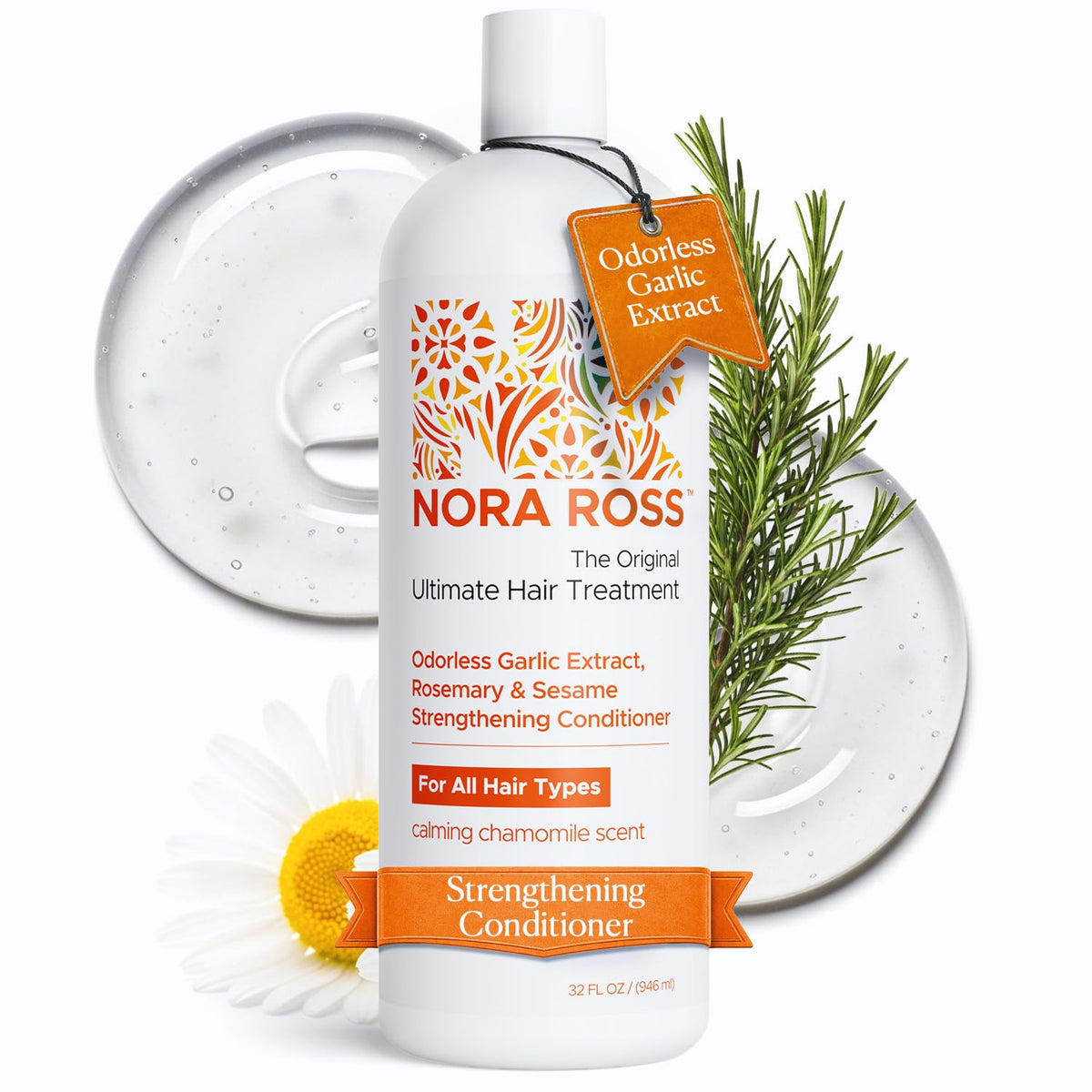Nora Ross Garlic Extract Strengthening Conditioner bottle front highlighting lightweight hydration