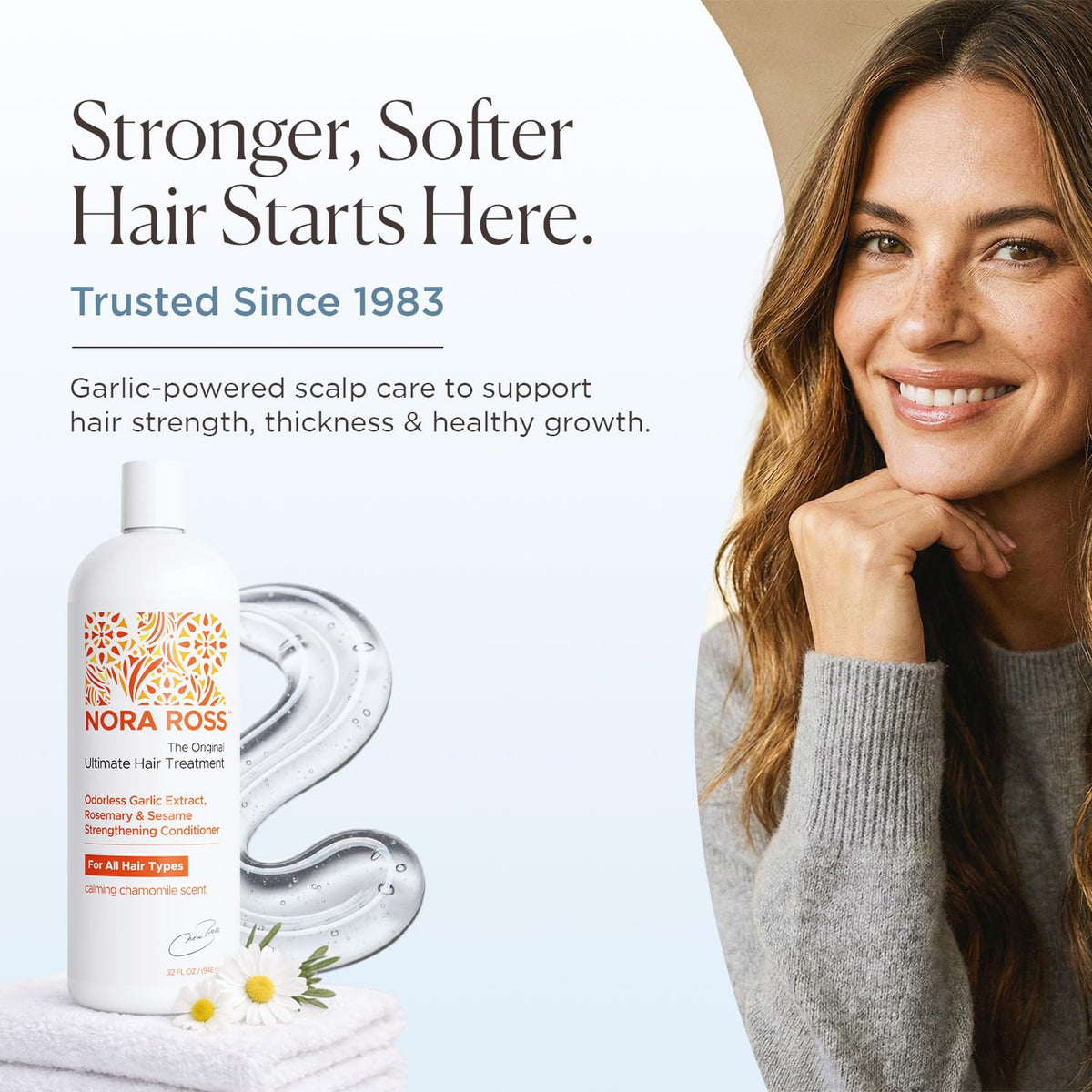 Nora Ross conditioner ingredients label close-up with sesame oil and panthenol for nourishment