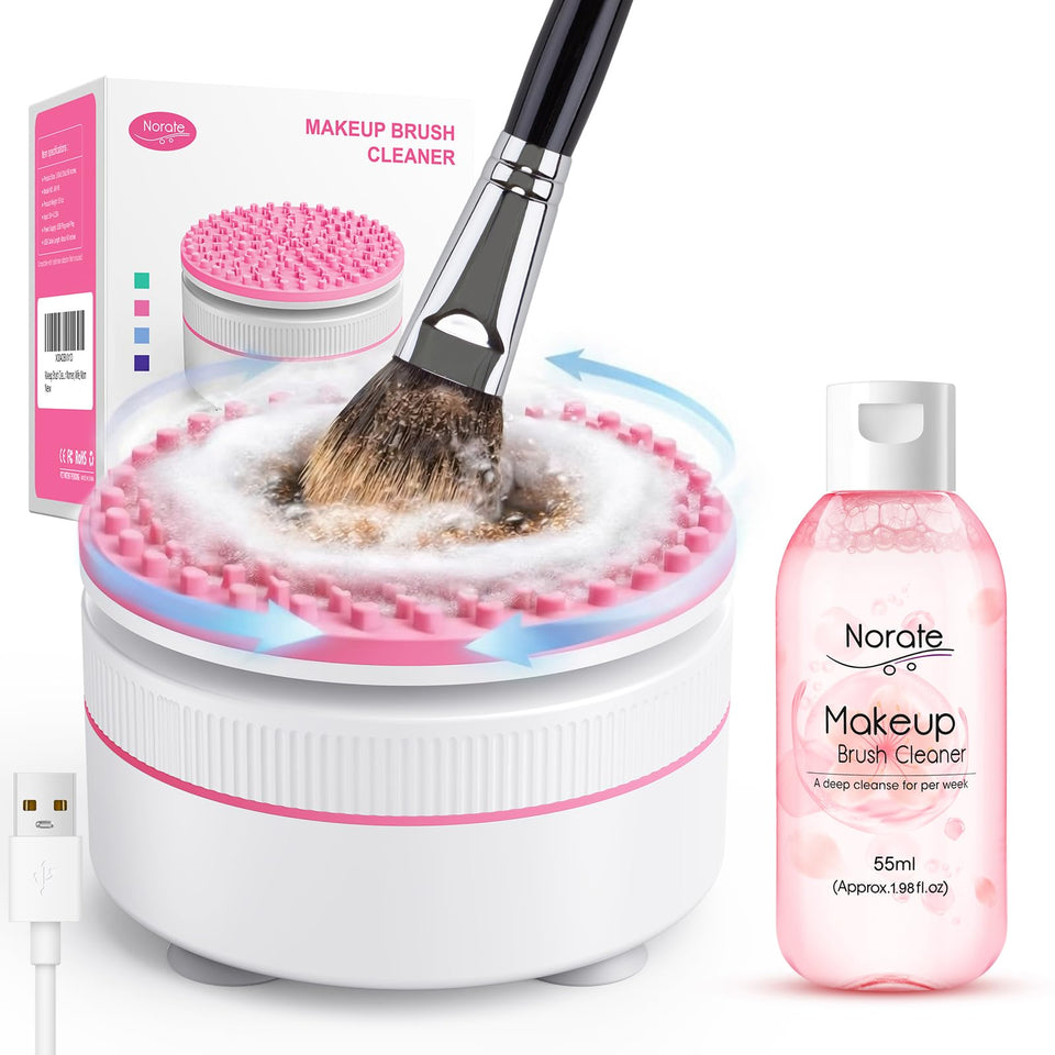 Norate electric makeup brush cleaner machine showing fast, thorough cleaning for brushes.