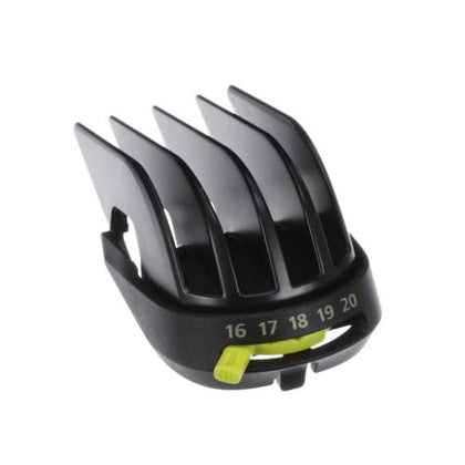 Norelco 16-20mm pivoting comb for select MultiGroom models, offering adjustable trimming length.