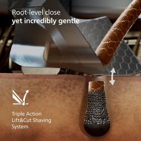 Philips Norelco i9000 Prestige triple lift and cut demonstrates root-level shaving