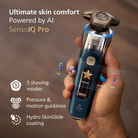 Norelco i9000 Prestige Ultra waterproof shaver with long runtime.