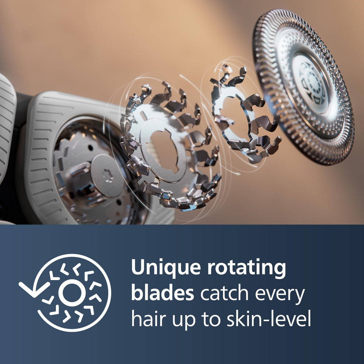Norelco Shaver Series 9000 close-up of flexible heads with Lift and Cut blades.