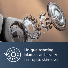 Norelco Shaver Series 9000 close-up of flexible heads with Lift and Cut blades.