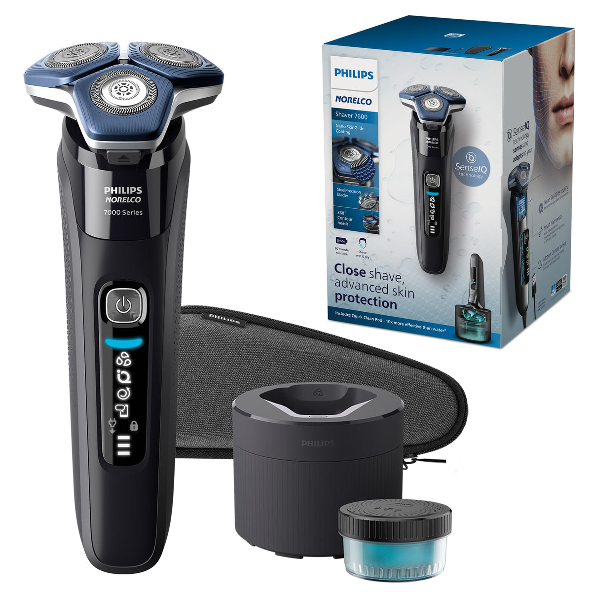 Norelco Shaver 7600 with 360° flexible heads for a smooth, close shave.