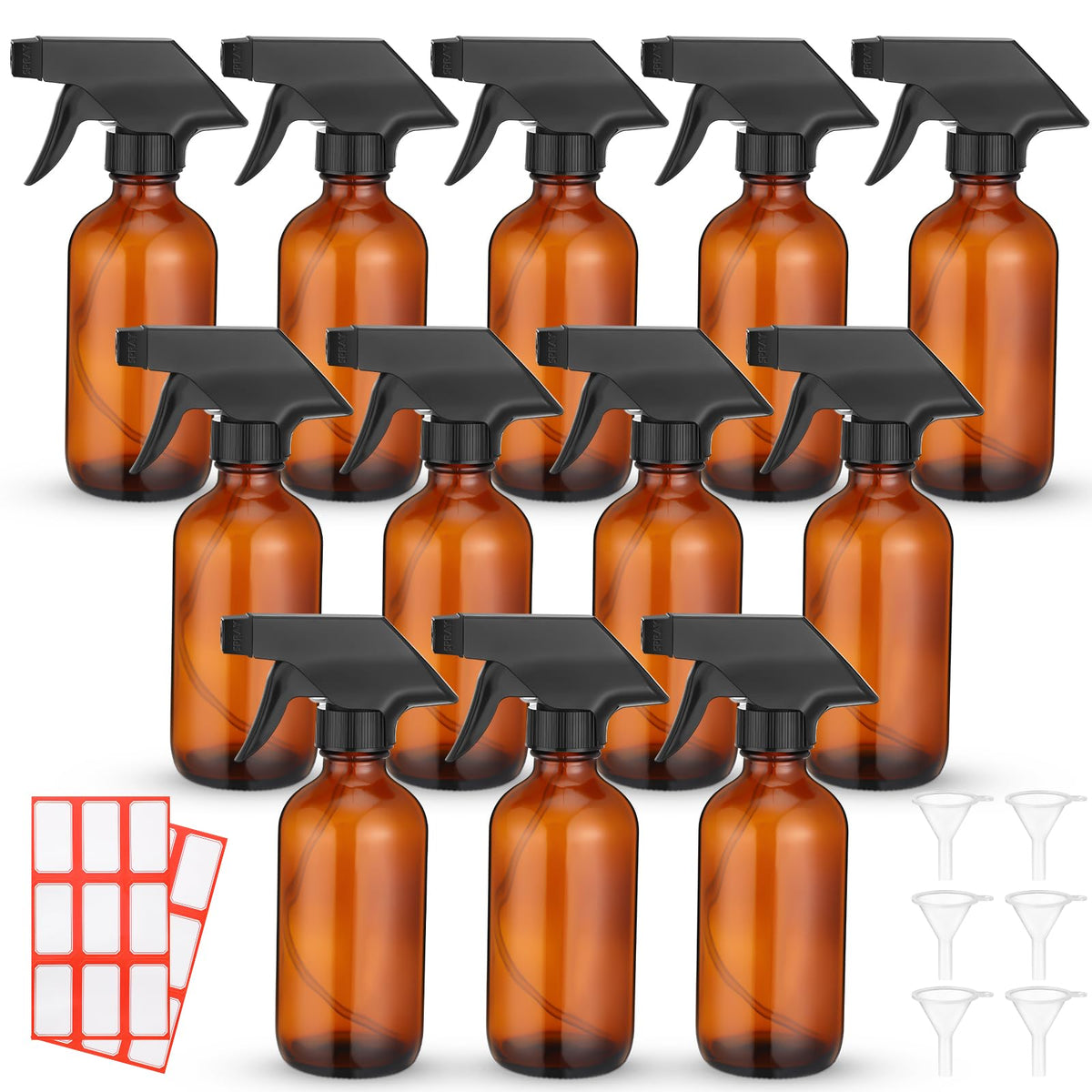 Norme 12pc amber glass spray bottles set for versatile storage and reuse.