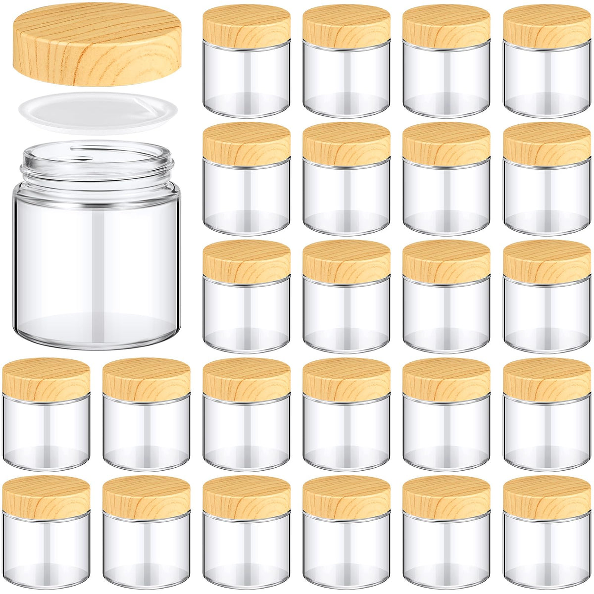 Norme glass jars with woodgrain lids for cosmetics and spices; airtight seal.