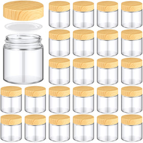 Norme glass jars with woodgrain lids for cosmetics and spices; airtight seal.